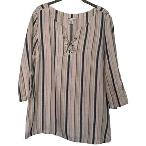 Tommy Bahama Linen Metallic Striped Lace Up Top Tunic Size Large